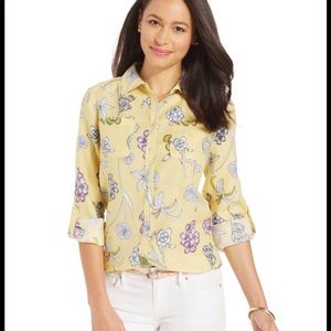 Yellow floral print Charter Club 100% Linen Luxury Roll-Tab button down shirt